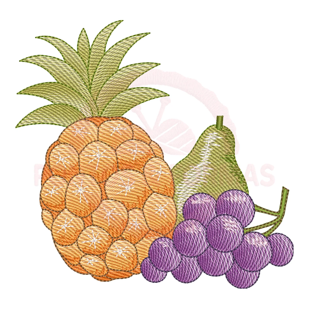 Matriz de Bordado Delícias Frutadas: Abacaxi, Pera e Uvas - Pontos Leves